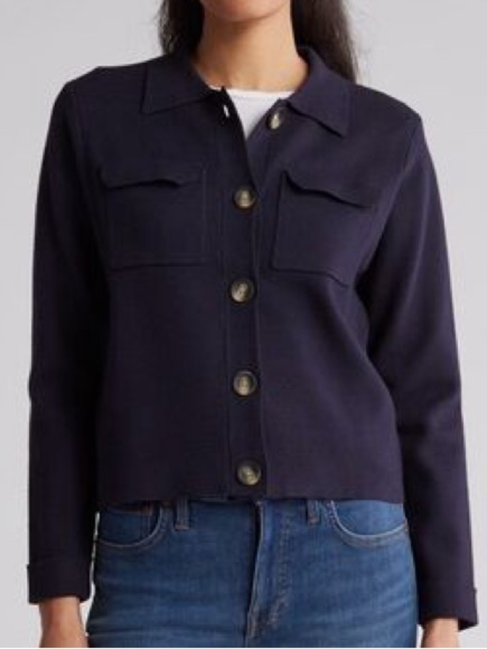 T Tahari Navy Button-Front Jean Jacket